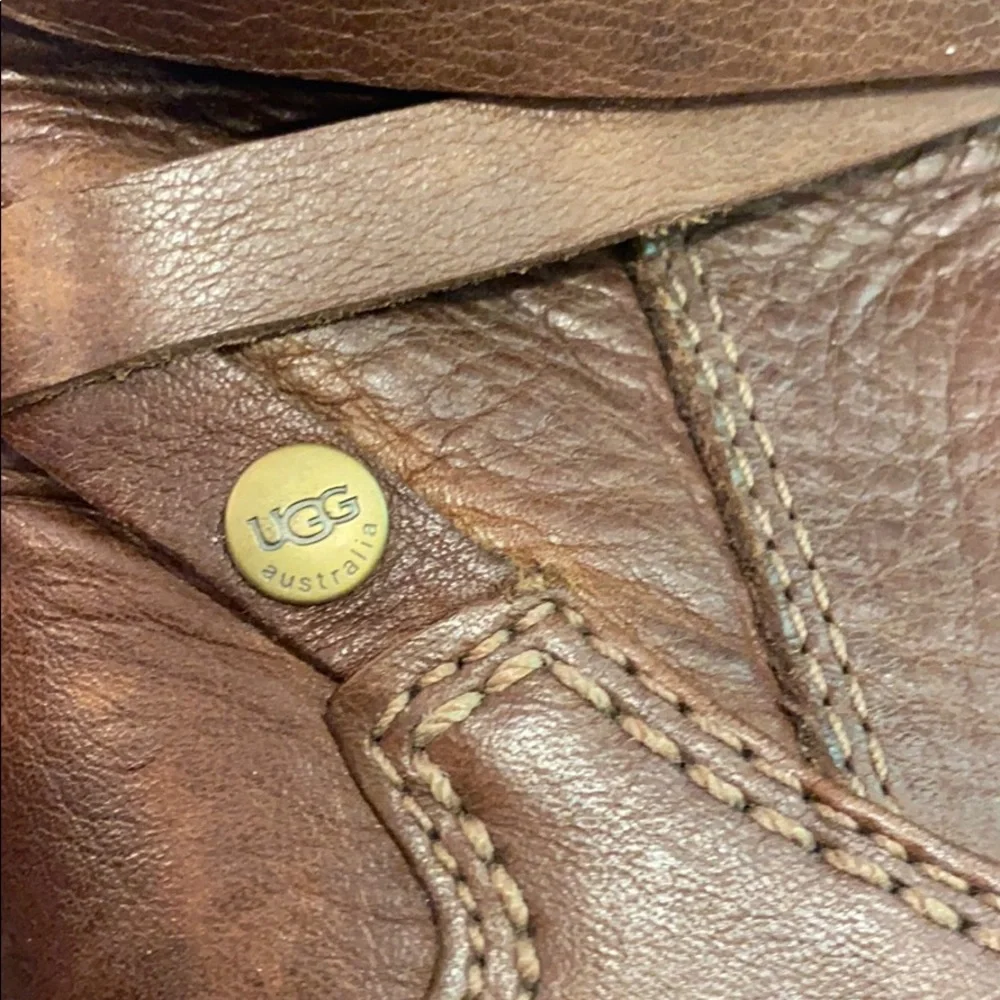 UGG Brown Leather Shearling-Lined Winter Boots with Cream Cuff